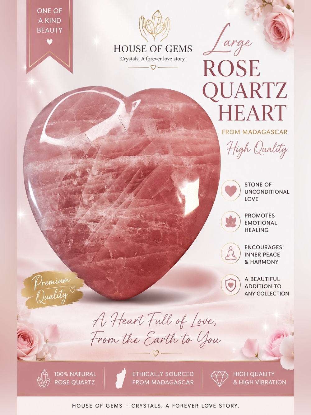 Madagascar Rose Quartz Large Heart – High Quality | 8” x 6.5”